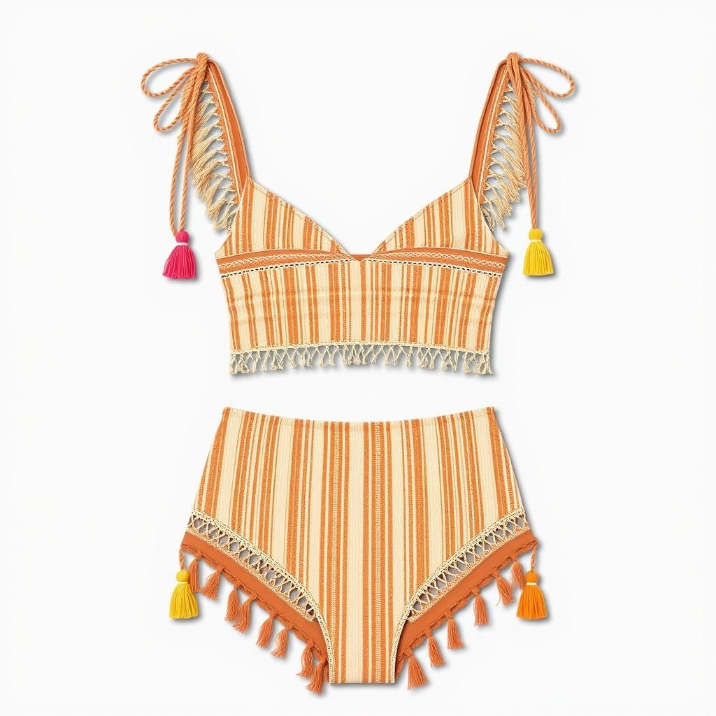 Two pieces swimwear with thin stripes inspired by chairs influencer
Design a two-piece swimwear ensemble in the boho-chic style, featuring delicate thin stripes reminiscent of woven chair patterns. Incorporate earthy tones and fringe details for a relaxed vibe. Add playful accents like crochet trims and vibrant tassels, ensuring it embodies a laid-back, free-spirited aesthetic perfect for beachside lounging or sun-soaked adventures.