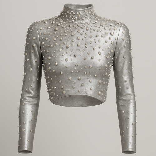 Silver long sleeve crop top with high neck curved hem and embellished with pearls and rhinestones
Silver long sleeve crop top with high neck curved hem and embellished with pearls and rhinestones
