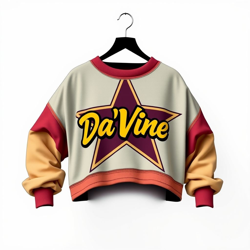 A oversized cropped Jersey with a star on it, that says “Da’Vine”
Design a relaxed, oversized cropped jersey featuring a dynamic star motif emblazoned with the word “Da’Vine” in playful, bold typography. Incorporate soft, breathable fabric for ultimate comfort, with dropped shoulders and wide sleeves. Add a trendy, slouchy fit and a versatile color palette to create the perfect casual statement piece.