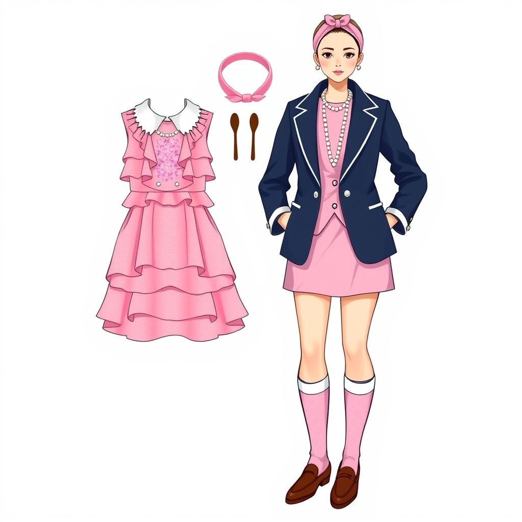 Pink ruffle dress with pink sparkles on the top
Design a chic preppy ensemble featuring a delightful pink ruffle dress adorned with delicate pink sparkles cascading from a classic collared neckline. Enhance the look with a tailored navy blazer, pearl accents, and polished loafers. Add a matching headband and pastel knee-high socks to capture that quintessential Ivy League aesthetic.