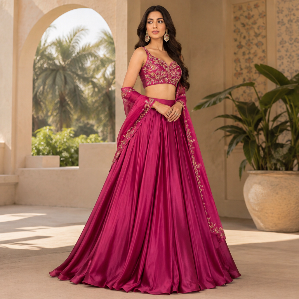 A Lehenga design, made of Satin, with a light, flowing drape, with a Fitted silhouette, in a Bold & Bright color palette, for Party, suitable for Spring, suited to a Tropical climate, in Elegant + Decora style, shown on a model with medium skin tone and a slim figure. Pakistan fashion aesthetics. Present it as professional fashion catalogue photography: the garment is the subject, shown full-length with editorial styling, neutral posing and tasteful, non-suggestive framing.
photorealistic fashion design, A Lehenga design, made of Satin, with a light, flowing drape, with a Fitted silhouette, in a Bold & Bright color palette, for Party, suitable for Spring, suited to a Tropical climate, in Elegant + Decora style, shown on a model with medium skin tone and a slim figure. Pakistan fashion aesthetics. Present it as professional fashion catalogue photography: the garment is the subject, shown full-length with editorial styling, neutral posing and tasteful, non-suggestive framing., elegant style, just the design no text