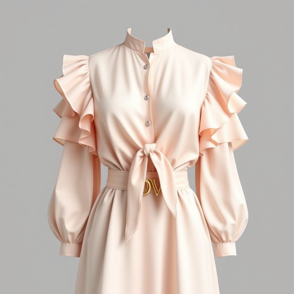 Rafferiza Women's Double-Layer Ruffle Sleeve Tie-Front Blouse, with a belt around waist that says “DV”
Design an elegant women's double-layer ruffle sleeve blouse, featuring an enchanting tie-front detail. The sleeves gently cascade with delicate ruffles, embodying sophistication. Accentuate the waist with a luxurious belt embossed with "DV" in gold lettering, adding a touch of opulence. Choose a soft, flowing fabric in pastel hues for timeless grace.