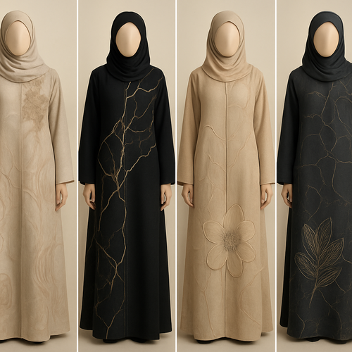 Create a modest abaya that's the first of its kind, featuring a unique stone design that exudes a classy and sophisticated vibe. I'd like four designs, each showcasing different styles and fabrics.Incorporate high-end, unique chic stone designs to make them truly special. And add little cute touch of sophisticated stone designs. Add huge flower and unique designs.