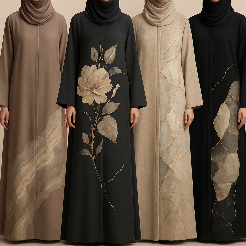 Create a modest abaya that's the first of its kind, featuring a unique stone design that exudes a classy and sophisticated vibe. I'd like four designs, each showcasing different styles and fabrics.Incorporate high-end, unique chic stone designs to make them truly special. And add little cute touch of sophisticated stone designs. Add huge flower and unique designs.
Create a modest abaya that's the first of its kind, featuring a unique stone design that exudes a classy and sophisticated vibe. I'd like four designs, each showcasing different styles and fabrics.Incorporate high-end, unique chic stone designs to make them truly special. And add little cute touch of sophisticated stone designs. Add huge flower and unique designs.