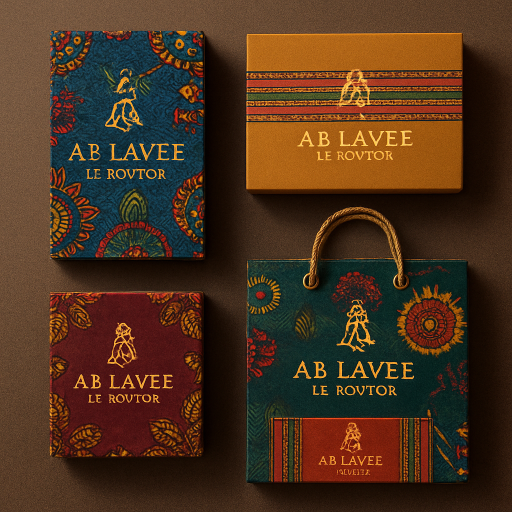 Make me 5 different unique, sophisticated packages materials for my clothing line
ABLAVEE LE KOUTOR by making it first of its kind and chic. using Rich colors, Ankara prints, aso Oke prints and designs.

Make me 5 different unique, sophisticated packages materials for my clothing line
ABLAVEE LE KOUTOR by making it first of its kind and chic. using Rich colors, Ankara prints, aso Oke prints and designs., vintage style