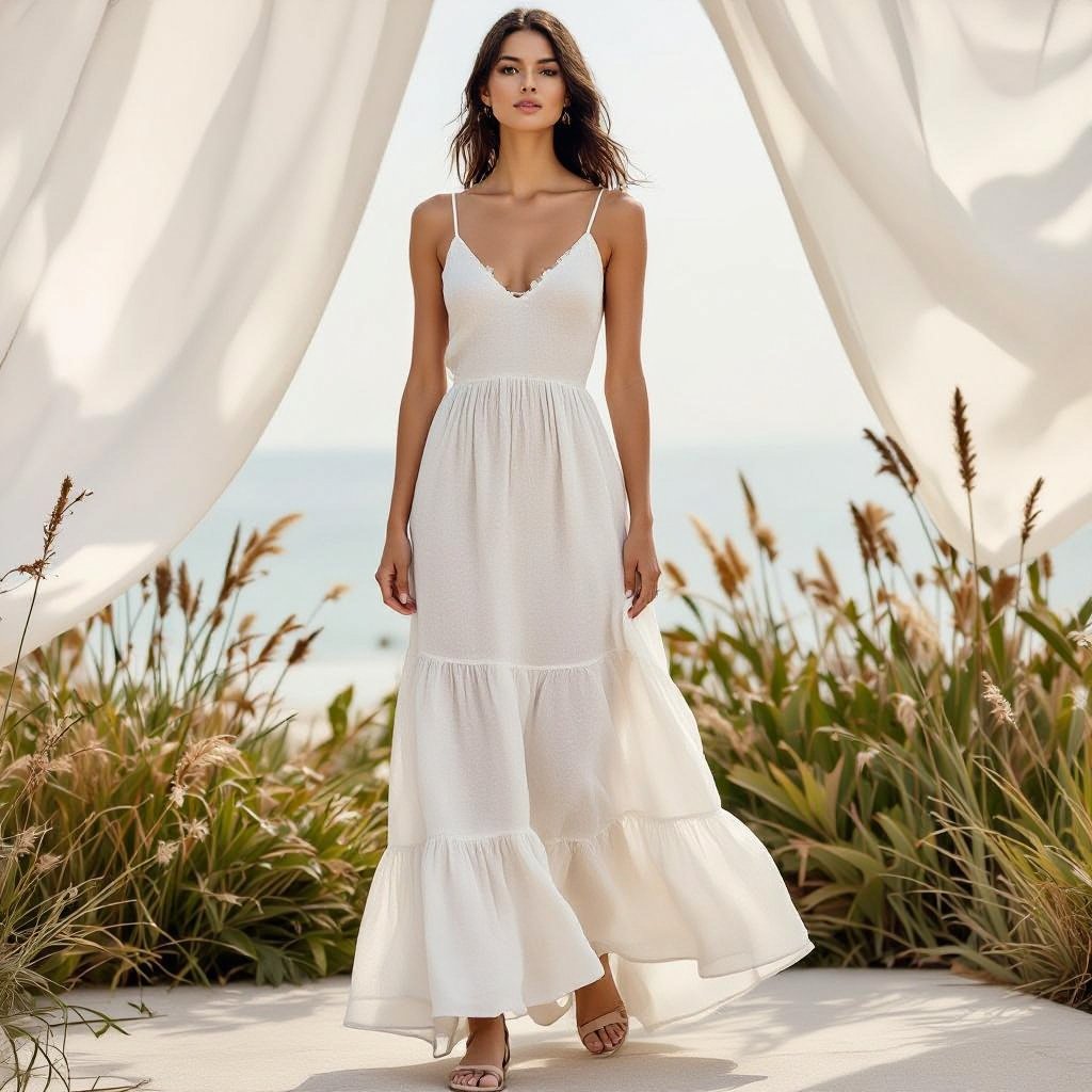 سلام
A flowing linen maxi dress in a soft ivory, featuring delicate spaghetti straps and a gently ruffled hem.