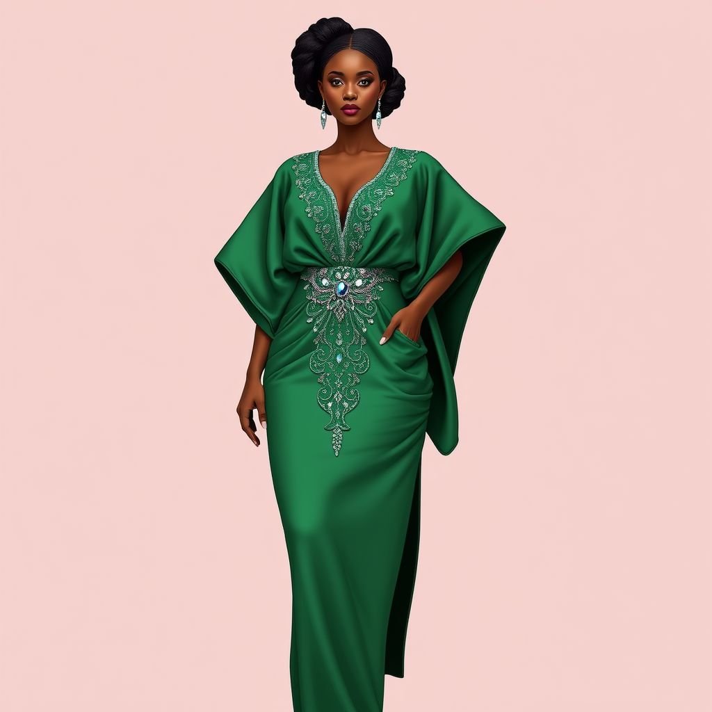 Create a kaftan style design that incorporates a little slice of structure, some ruched details in dark hunter green color and some crystal embroidery to help cover a ruched waist. This is woman’s kaftan that combines the modern with the traditional Nigerian kaftan look. Make the design on one continuous flowing fabric piece. Create 5 variation in hunter green. With a lower neckline
Design a captivating Nigerian kaftan celebrating African heritage and modern flair. Envision a flowing silhouette in lush hunter green, featuring structured elements and graceful ruching. Adorn the waist with shimmering crystal embroidery that melds traditional aesthetics with contemporary elegance. Explore five variations with distinctive patterns, each showcasing unique textures and a sensual lower neckline.