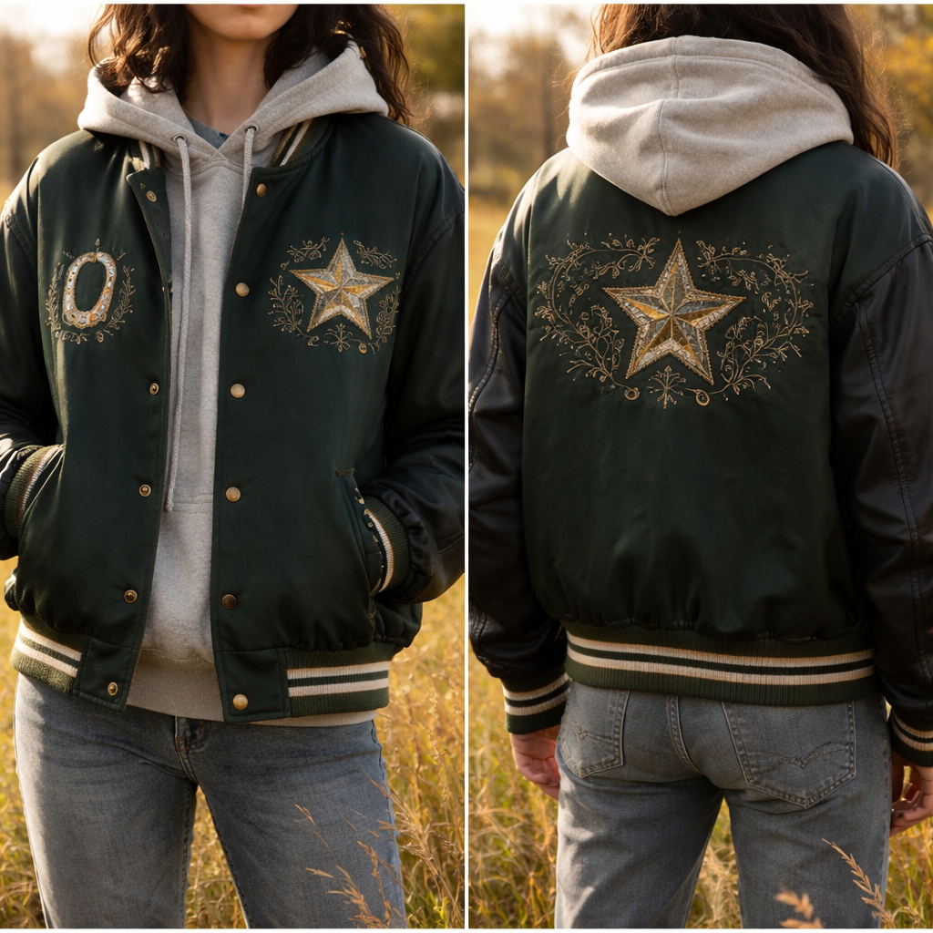 Unisex Bomber Jacket with Patchwork Folk Elements
“Unisex satin-finish bomber jacket in deep forest green with matte black leather sleeves, folk-inspired embroidered patches of subtle horseshoe, barn star, and vine patterns in muted gold and cream thread on chest and back, ribbed collar/cuffs/hem, snap pockets, layered over hoodie in open meadow with grazing horses, fall wind, nostalgic free-spirited elegance, heimathof quiet luxury vibe, high-detail fabric rendering”
Unisex Bomber Jacket with Patchwork Folk Elements
“Unisex satin-finish bomber jacket in deep forest green with matte black leather sleeves, folk-inspired embroidered patches of subtle horseshoe, barn star, and vine patterns in muted gold and cream thread on chest and back, ribbed collar/cuffs/hem, snap pockets, layered over hoodie in open meadow with grazing horses, fall wind, nostalgic free-spirited elegance, heimathof quiet luxury vibe, high-detail fabric rendering”, show front and back