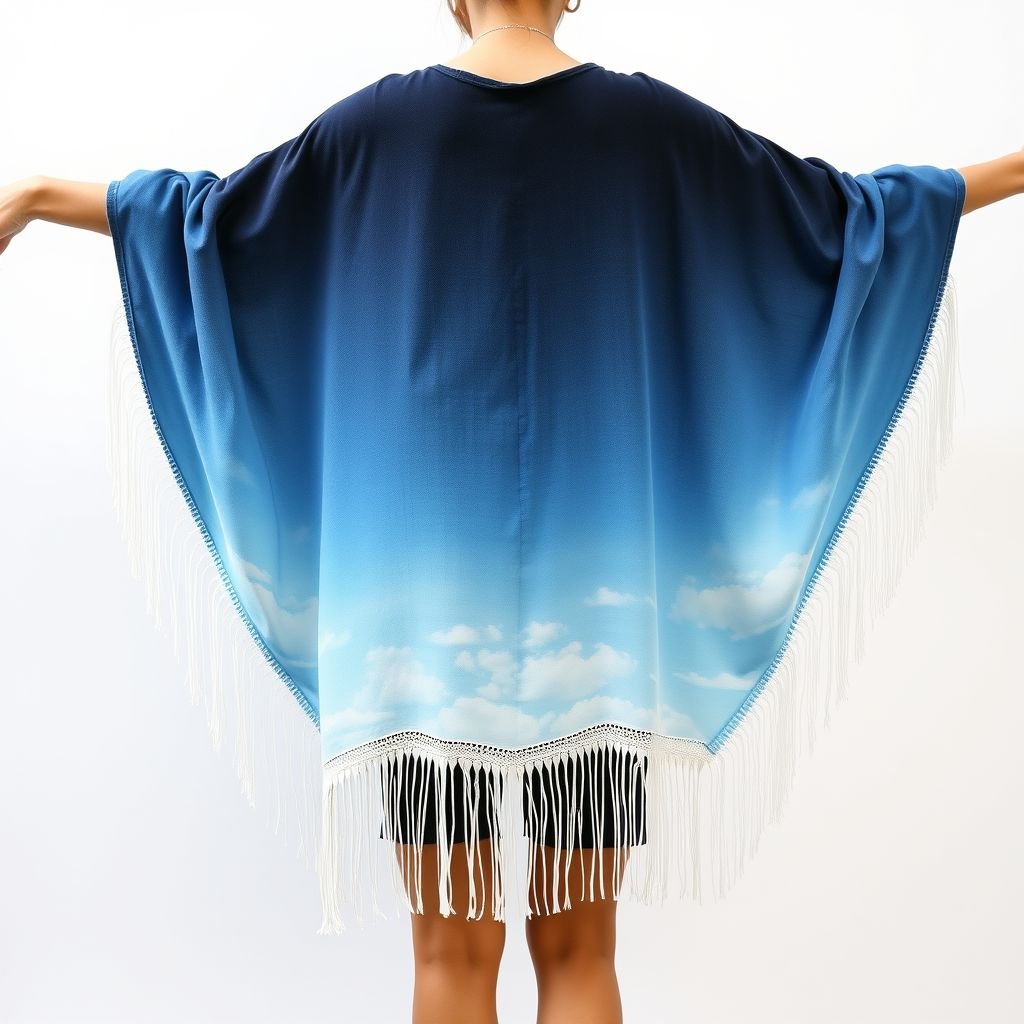 summer boho woman dark blue colors poncho which is handpainted of sky
Design an ethereal summer boho poncho for women, crafted from lightweight, breathable fabric. The hand-painted piece features a breathtaking sky, transitioning from deep navy at the hem to soft cerulean at the shoulders. Flowing, oversized sleeves add drama, while intricate fringe details sway gently with movement, embodying carefree summer vibes.