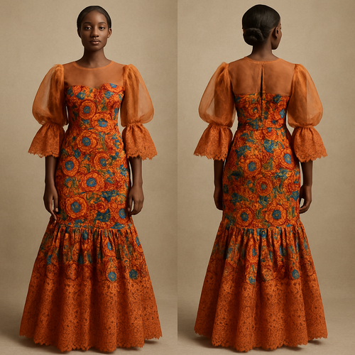 I want an organza fabric at the top of a colorful Ankara princess dart gown with Swiss lace fabric with pleats at the sleeves and at around the knee all the way to the floor on a real mannequin or a dark skin human. 
