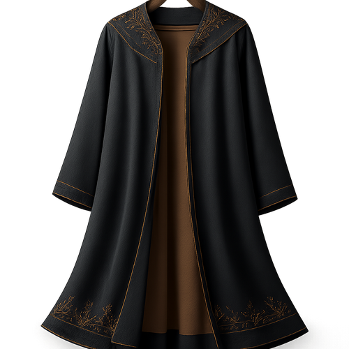 
(PNG)
Prompt:
"High‑resolution photorealistic product shot of a formal winter abaya named 'Desert Nights' hung on a padded wooden hanger with polished brass hook, padded wooden hanger visible grain texture, soft drop shadow under hanger, pleated open front revealing warm wool/cashmere lining, thin cashmere outer trim, delicate dune‑motif bead embroidery along collar and hem, deep navy base with dark burnt orange accents and sandy highlights, natural drape, slight breeze lifting hem, soft directional studio lighting with subtle cinematic rim light, isolated garment on transparent background, PNG, realistic fabric texture and bead detail, ultra‑detailed, sharp focus on garment, 3:4 vertical, no text, no watermark."

Negative prompt:
"no watermark, no logos, no text, no people, no faces, low-resolution, cartoon, oversaturated colors, distorted proportions, extra props, messy background"

: 1536×2048 أو 1024×1365.  
- Steps: 20–40.  
- Guidance/CFG scale: 7–9.  
- Sampler: DDIM / Euler a / DPM++
- Seed: seed.  
--thumb‑friendly: "soft drop shadow""padded wooden hanger visible grain texture".

2) (1:1 crop)
Prompt:
"Ultra‑detailed macro close‑up 1:1 crop of bead embroidery and cashmere trim on the 'Desert Nights' abaya, tight frame showing collar/hem beadwork and fabric weave, warm wool/cashmere lining visible at edge, realistic thread and bead texture, shallow depth of field (soft bokeh), soft studio lighting with subtle rim/highlight on beads, neutral blurred background or transparent PNG if requested, ultra‑high detail, no text, no watermark."

Negative prompt:
"no watermark, no logos, no text, no people, no faces, low-resolution, cartoon, oversaturated colors, distorted stitches, blurred bead detail, extra props"

2048×2048 أو 1536×1536.  
- Steps: 30–50
- Guidance/CFG scale: 7–9.  
- Sampler: DDIM / DPM++ / Euler a.  
- Depth/DOF: "shallow depth of field" + "macro detail"
- Seed: seed