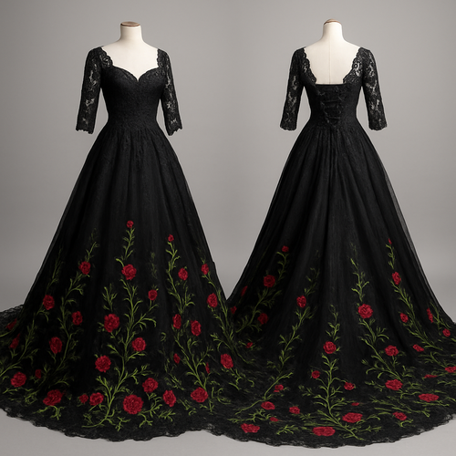 Long train lace Black wedding dress with embroidered green vines and red roses at the bottom. Corset back with three quarter lace sleeves