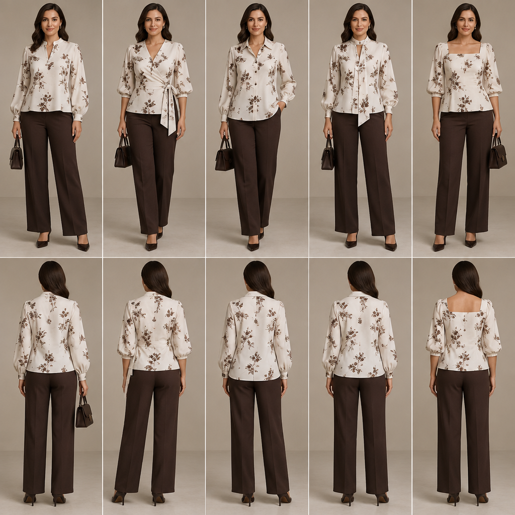Using the fabric shown in the uploaded image as the exact reference, design several women’s coordinated two-piece sets consisting of a blouse/shirt and trousers for size 48 and height 165 cm. The blouse should be white with a delicate brown floral pattern featuring slender stems, and the trousers should be dark brown. Keep the fabric color, texture, and pattern exactly the same as in the image. The blouse and trousers should be coordinated, stylish, sewable/tailor-ready, and suitable for formal and semi-formal/evening wear. Provide several different designs with varied necklines/collars, sleeve styles, and cuts/paneling. Show the outfits realistically on a female model in full-body view. Do not change the fabric.. IR fashion aesthetics. Present it as professional fashion catalogue photography: the garment is the subject, shown full-length with editorial styling, neutral posing and tasteful, non-suggestive framing.
photorealistic fashion design, Using the fabric shown in the uploaded image as the exact reference, design several women’s coordinated two-piece sets consisting of a blouse/shirt and trousers for size 48 and height 165 cm. The blouse should be white with a delicate brown floral pattern featuring slender stems, and the trousers should be dark brown. Keep the fabric color, texture, and pattern exactly the same as in the image. The blouse and trousers should be coordinated, stylish, sewable/tailor-ready, and suitable for formal and semi-formal/evening wear. Provide several different designs with varied necklines/collars, sleeve styles, and cuts/paneling. Show the outfits realistically on a female model in full-body view. Do not change the fabric.. IR fashion aesthetics. Present it as professional fashion catalogue photography: the garment is the subject, shown full-length with editorial styling, neutral posing and tasteful, non-suggestive framing., just the design no text, show front and back